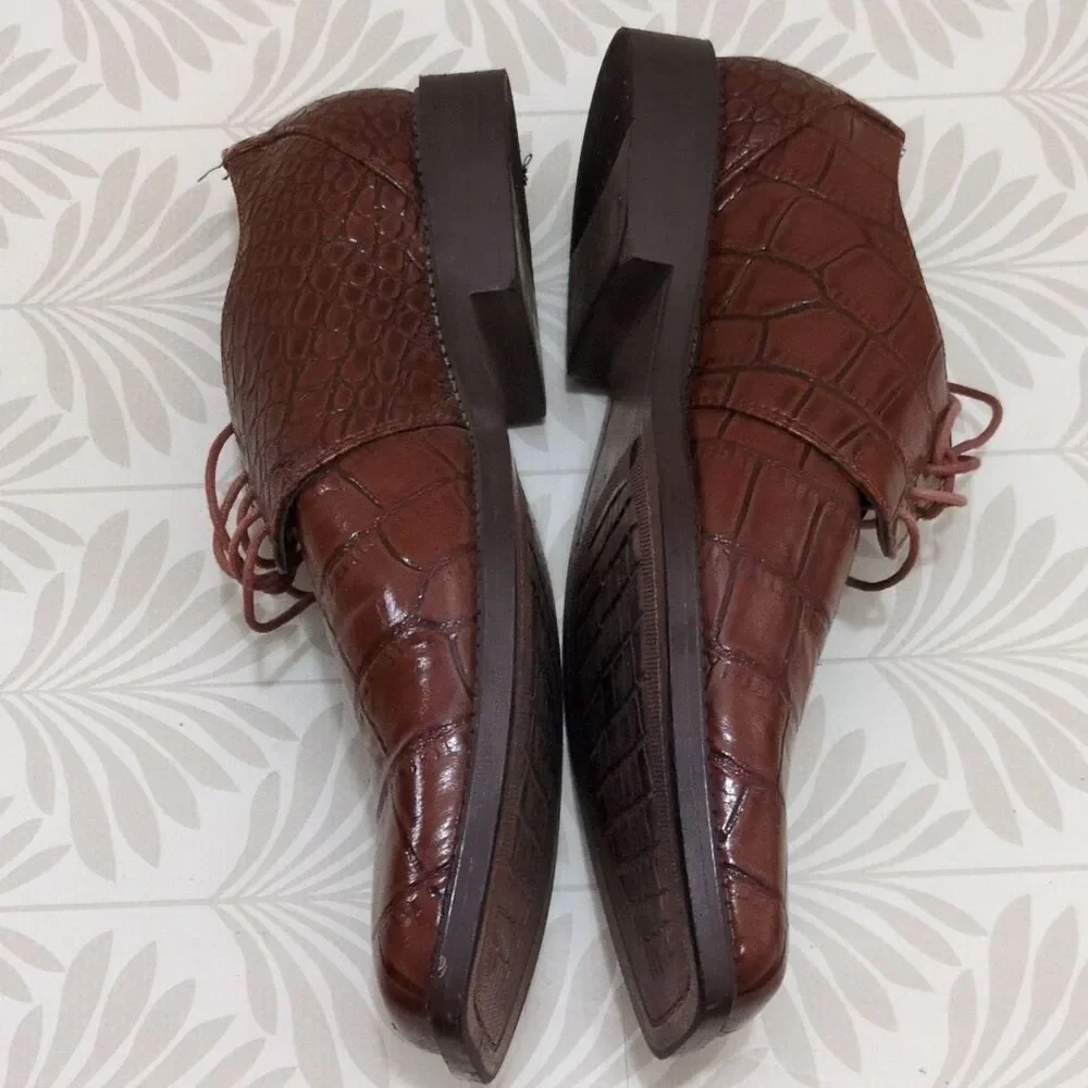 Men's Brown Faux Leather Croc Embossed Oxford Dress Shoes Square Toe 11D